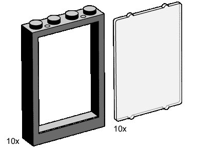 LEGO® 1x4x5 Black Window Frames with Clear Panes