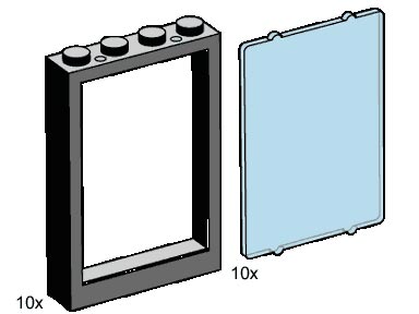 LEGO® 1x4x5 Black Window Frames, Transparent Blue Panes