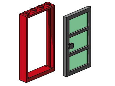 LEGO® 1x4x6 Red Door and Frames, Transparent Green Panes
